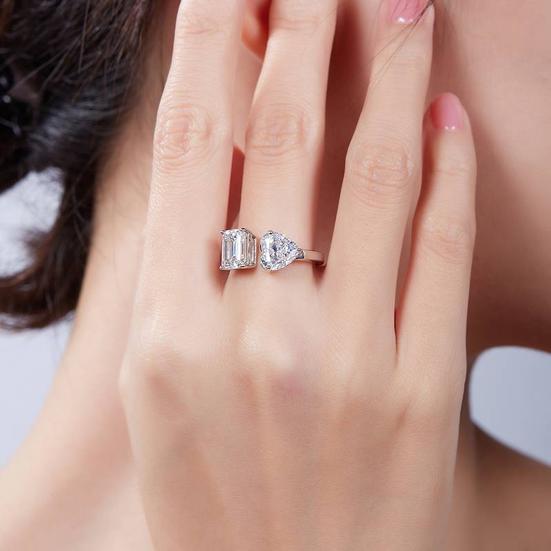 心形冰花切AND长方MoissaniteS925银镀白金Women's Ring2ctD级